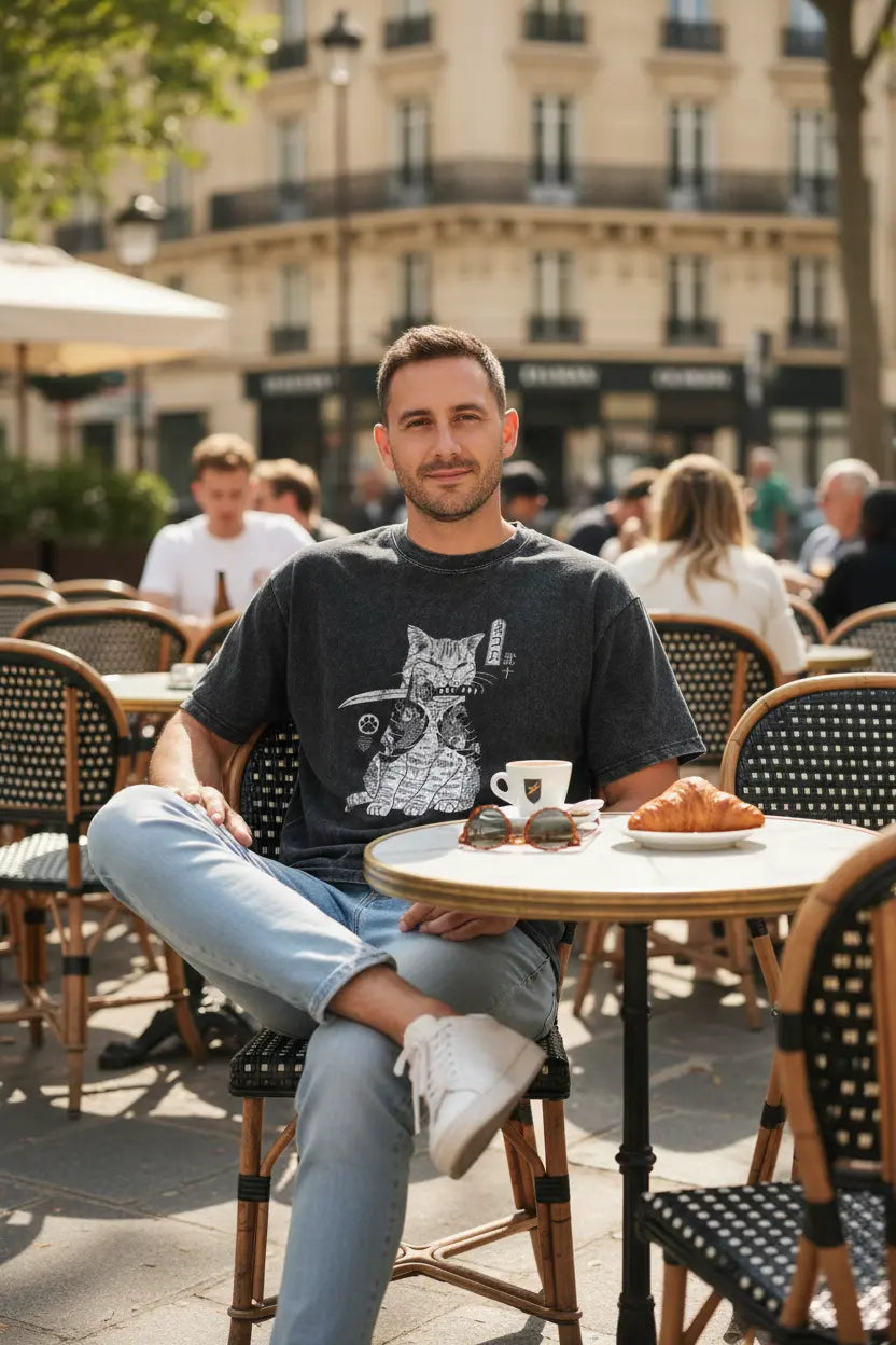 t-shirt homme streetwear Imprimé Chat Vintage EcomFr