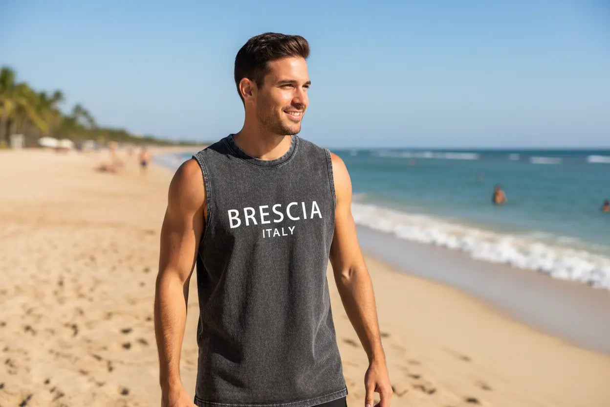 Débardeur Homme Graphique "Brescia Italy" – 100% Coton Lavé, 3 Coloris EcomFr