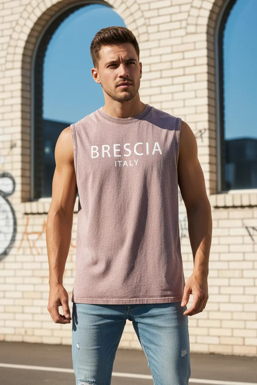 Débardeur Homme Graphique "Brescia Italy" – 100% Coton Lavé, 3 Coloris EcomFr