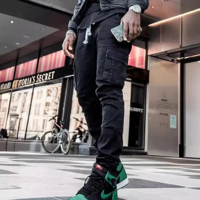 Jean Cargo Homme Slim – Denim Élastique, Multi-Poches, Streetwear EcomFr