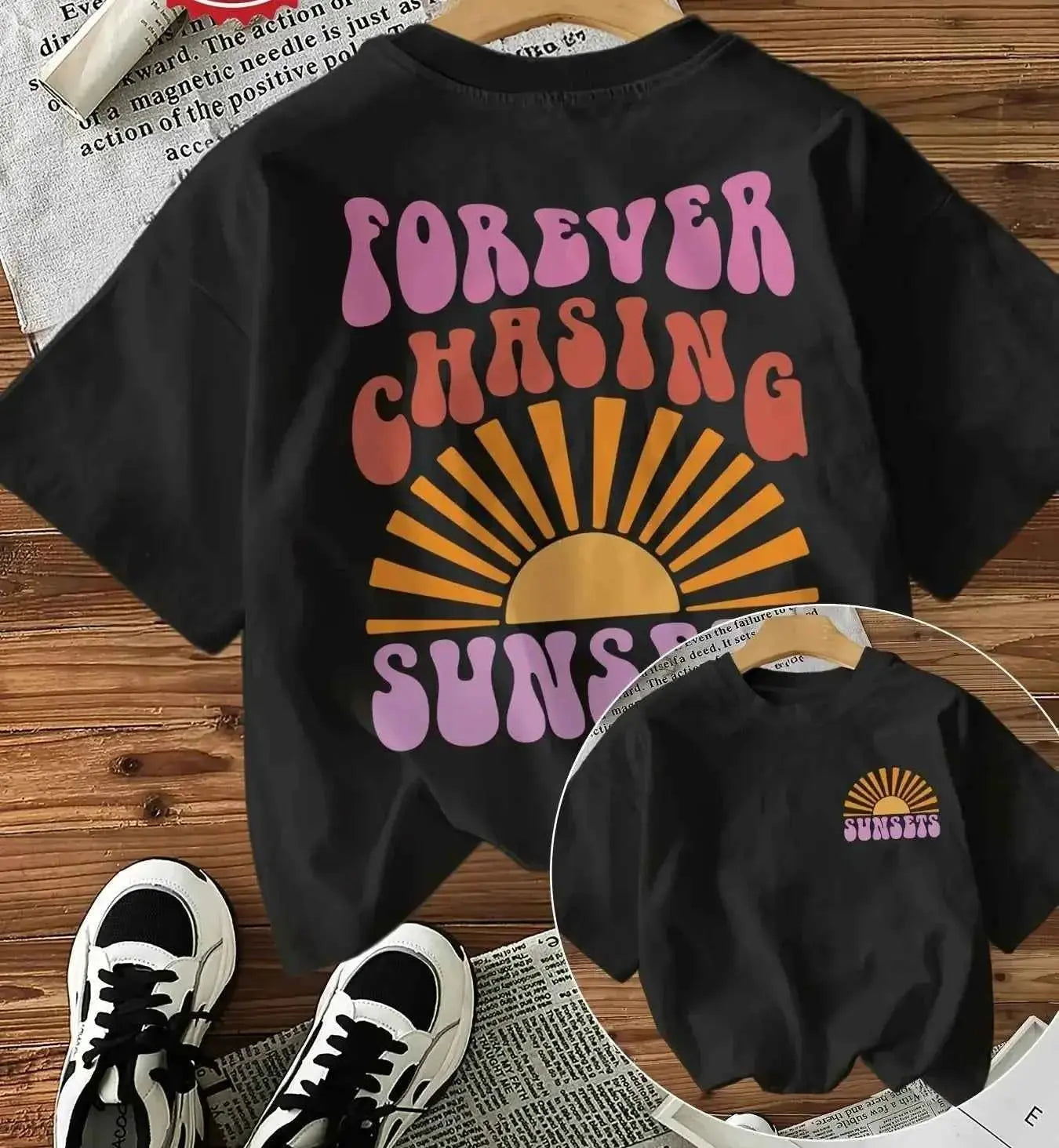t-shirt Y2K femme original "Forever Chasing Sunsets" – Manches Courtes, Col Rond