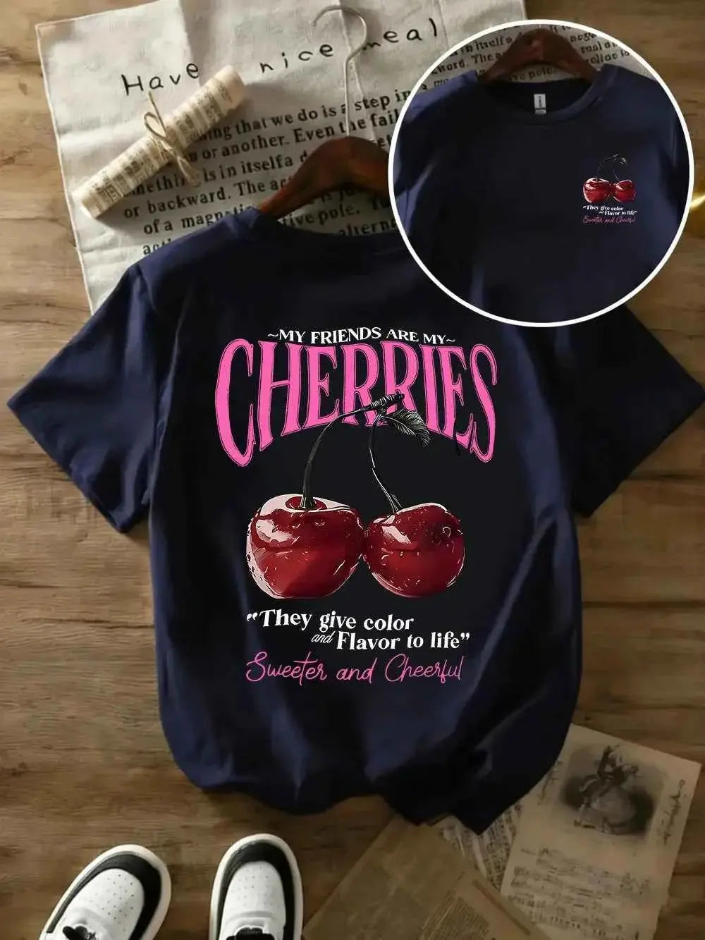 t-shirt oversize femme cherries-T-shirt Femme Imprimé Cherries – Coton 100 %, Col Rond, Manches Courtes