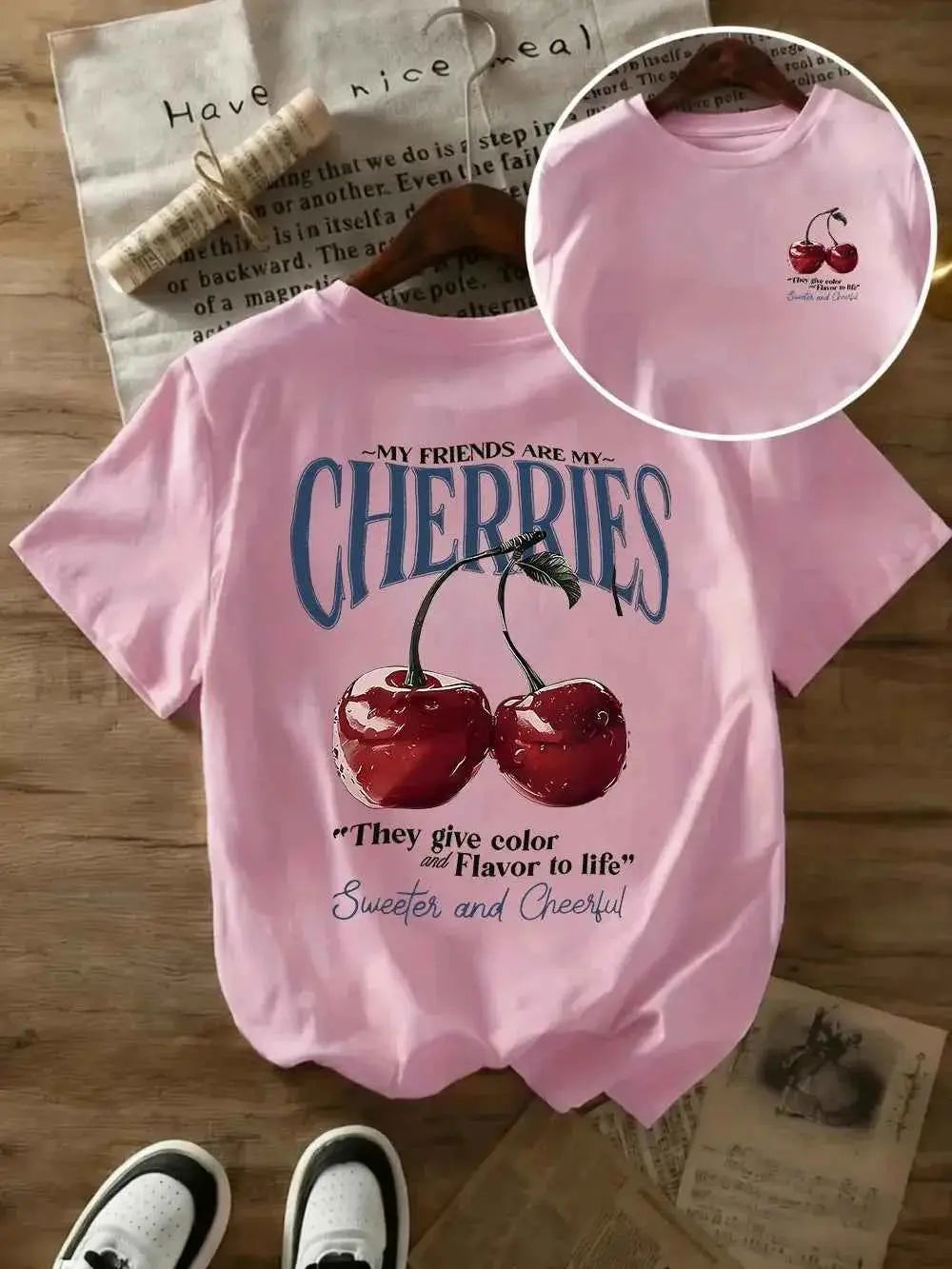 t-shirt oversize femme cherries-T-shirt Femme Imprimé Cherries – Coton 100 %, Col Rond, Manches Courtes