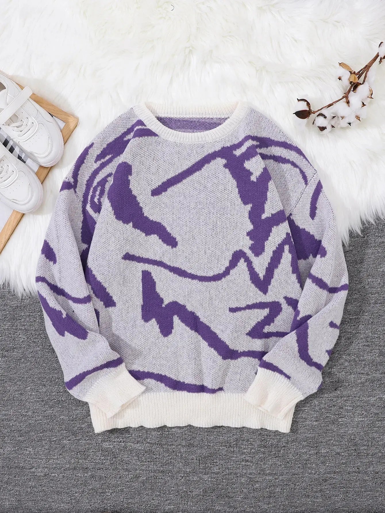 Pull Jacquard Graffiti Streetwear Homme – Tricot Col Rond Motif Géométrique EcomFr