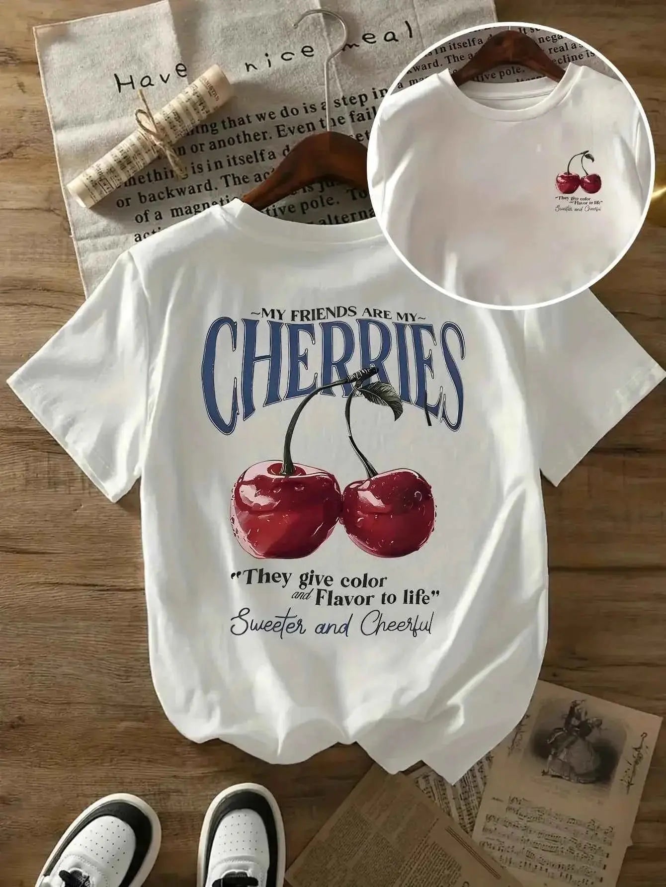t-shirt oversize femme cherries-T-shirt Femme Imprimé Cherries – Coton 100 %, Col Rond, Manches Courtes