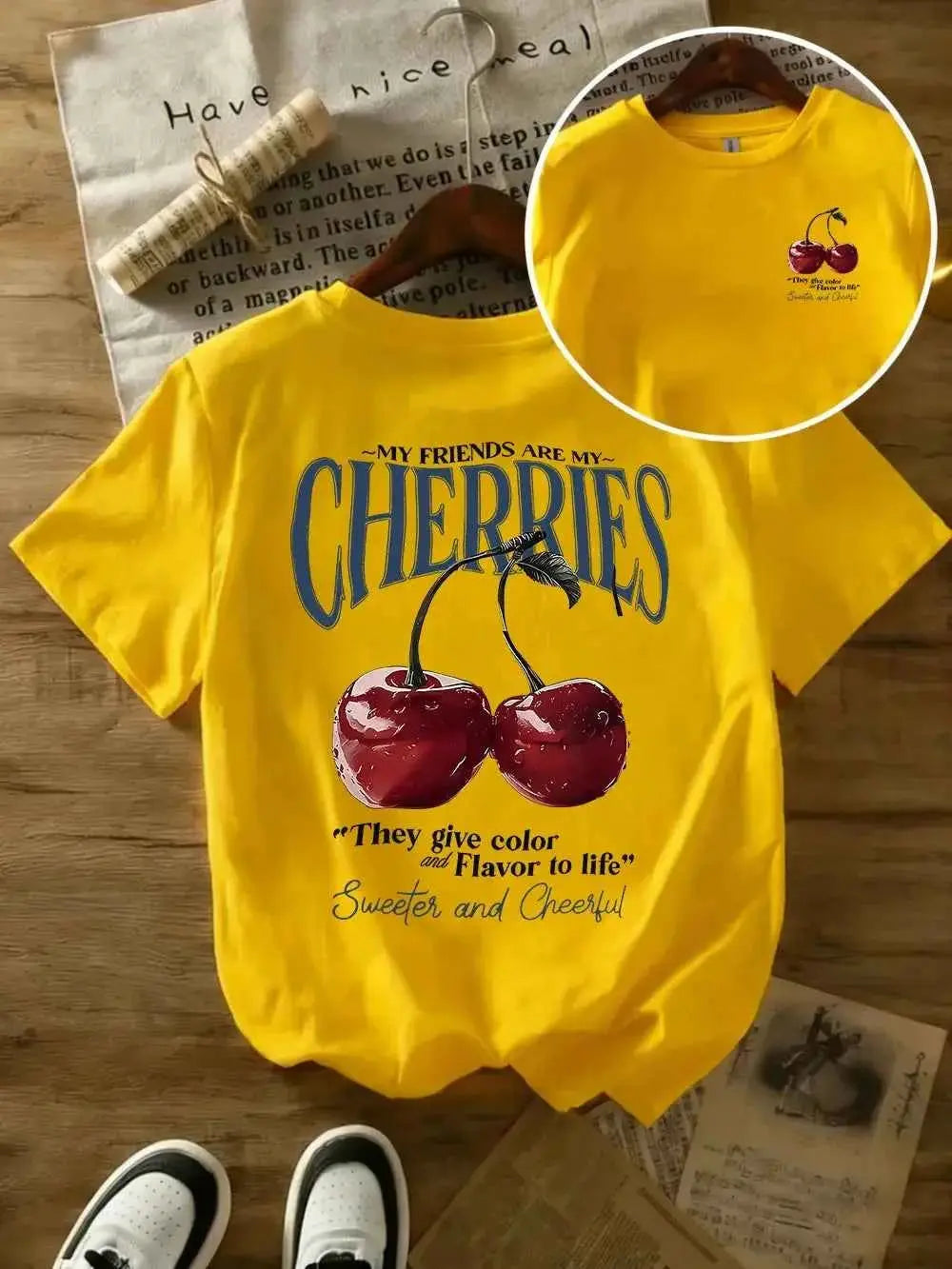 t-shirt oversize femme cherries-T-shirt Femme Imprimé Cherries – Coton 100 %, Col Rond, Manches Courtes