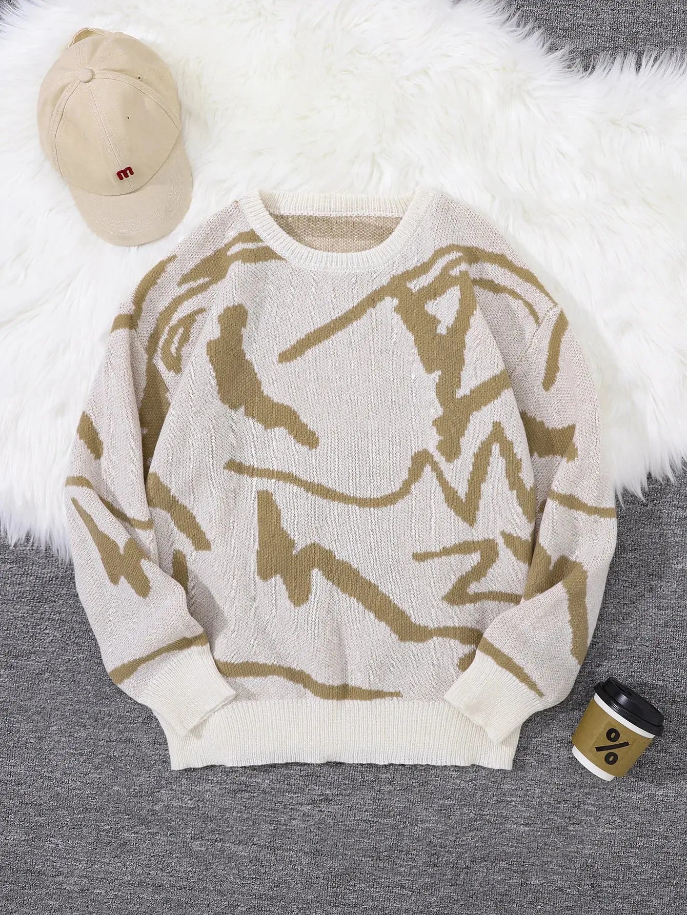 Pull Jacquard Graffiti Streetwear Homme – Tricot Col Rond Motif Géométrique EcomFr