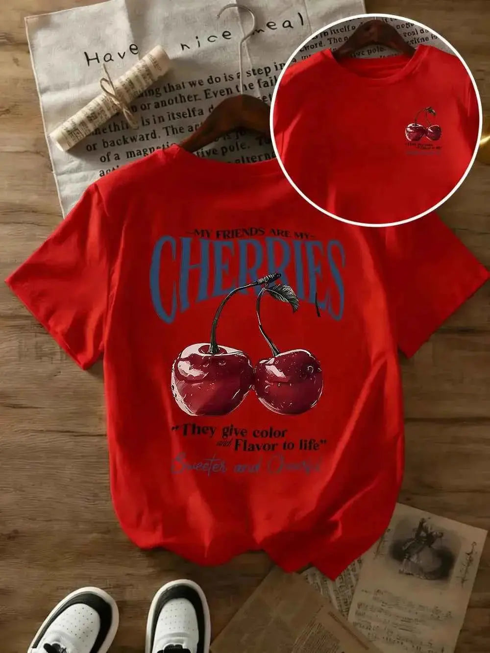t-shirt oversize femme cherries-T-shirt Femme Imprimé Cherries – Coton 100 %, Col Rond, Manches Courtes