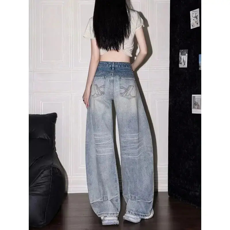 Jean Large Femme Motif Chat 3D – Coupe Ample Amincissante, Délavé Style Américain EcomFr