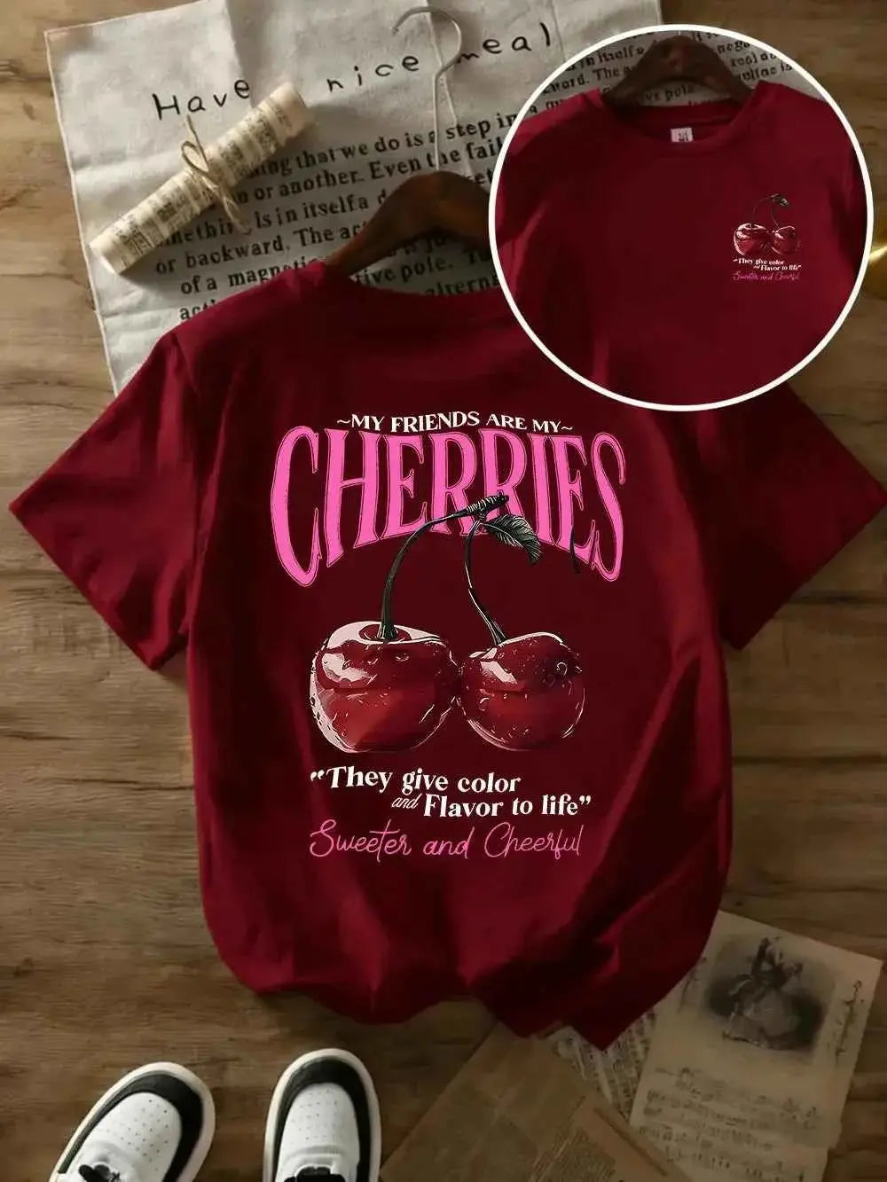 t-shirt oversize femme cherries-T-shirt Femme Imprimé Cherries – Coton 100 %, Col Rond, Manches Courtes