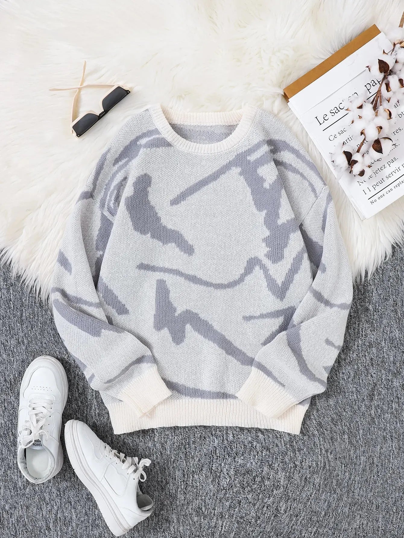 Pull Jacquard Graffiti Streetwear Homme – Tricot Col Rond Motif Géométrique EcomFr