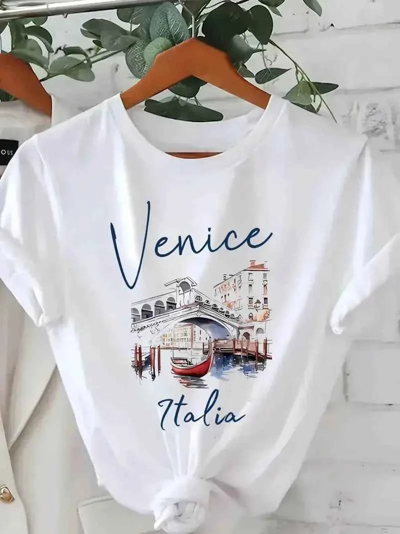 t-shirt casual chic femme été "Venice Italia" – Col Rond, Manches Courtes