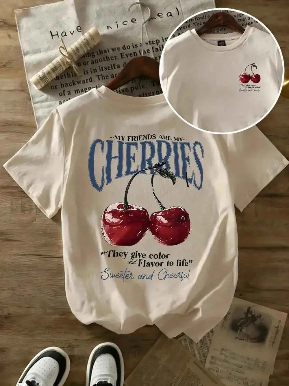 t-shirt oversize femme cherries-T-shirt Femme Imprimé Cherries – Coton 100 %, Col Rond, Manches Courtes