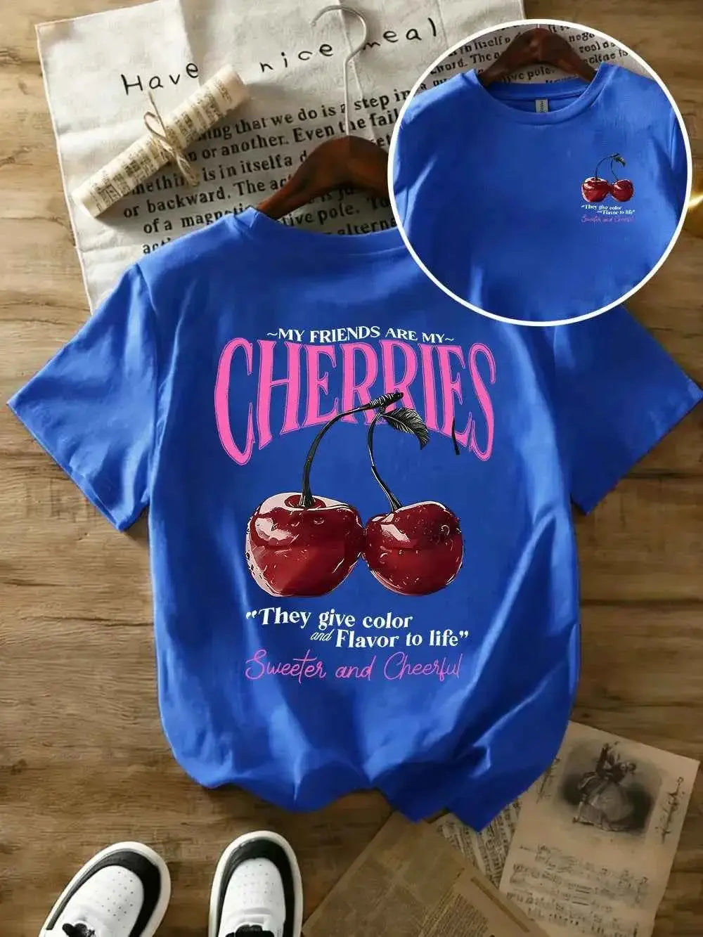 t-shirt oversize femme cherries-T-shirt Femme Imprimé Cherries – Coton 100 %, Col Rond, Manches Courtes
