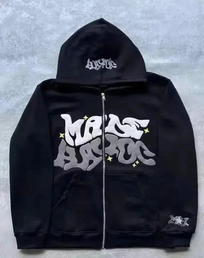 Veste Cardigan Capuche Zippée Y2K Unisexe – Lettres Américaines Rétro, Automne Hiver EcomFr