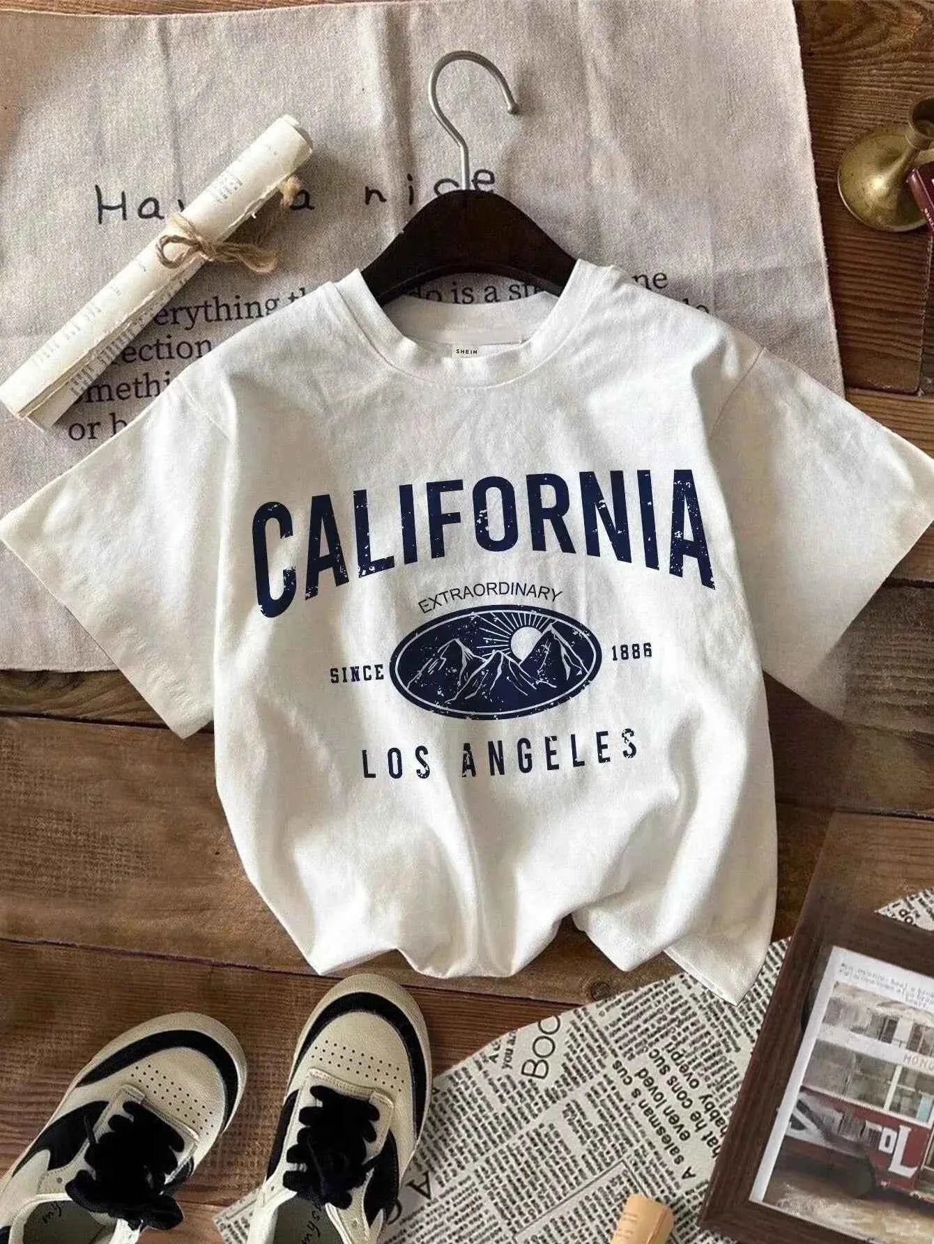 cheap custom t shirts -T-shirt Femme "California" Vintage – Style Y2K, Col Rond, Manches Courtes