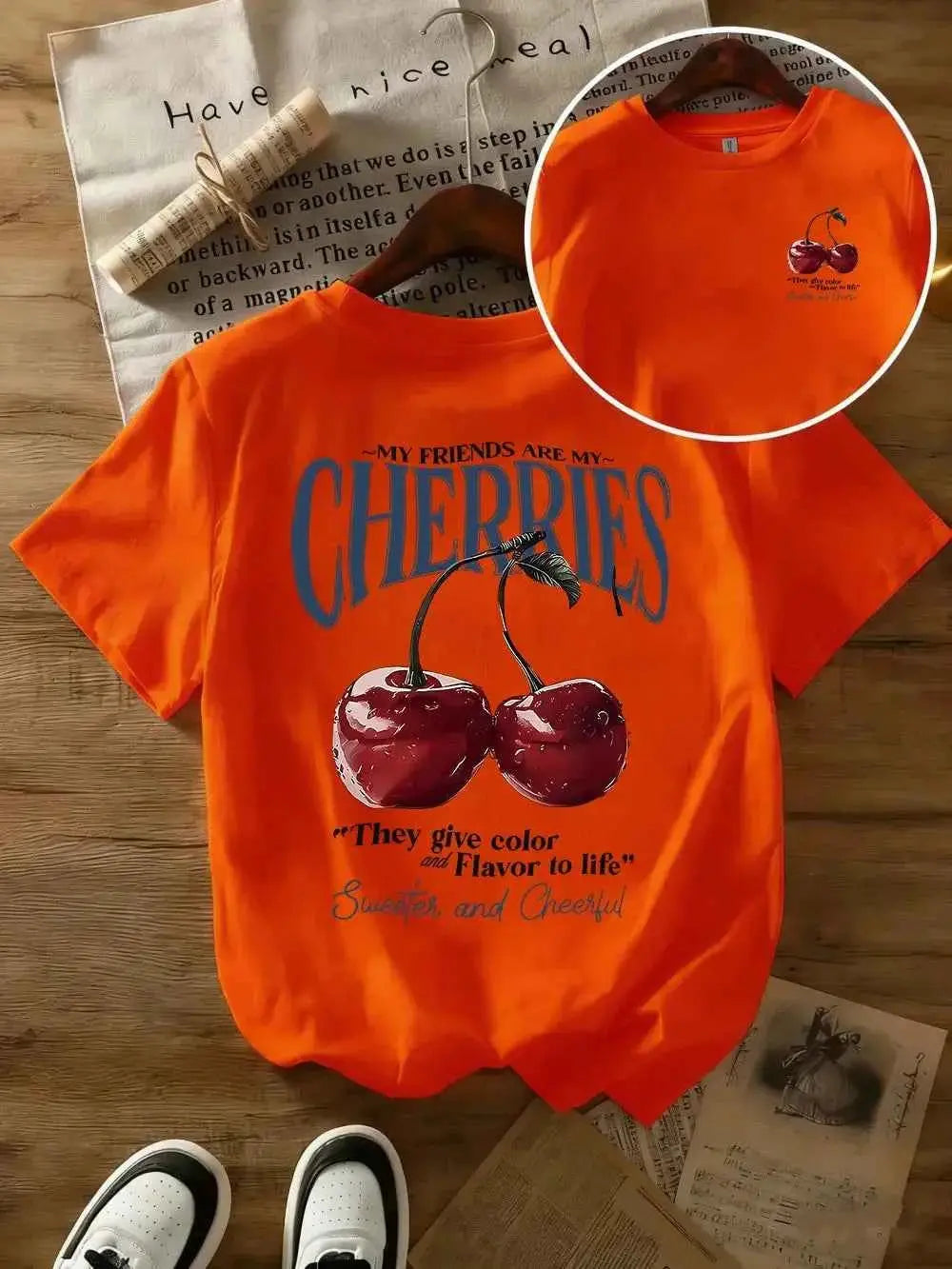 t-shirt oversize femme cherries-T-shirt Femme Imprimé Cherries – Coton 100 %, Col Rond, Manches Courtes