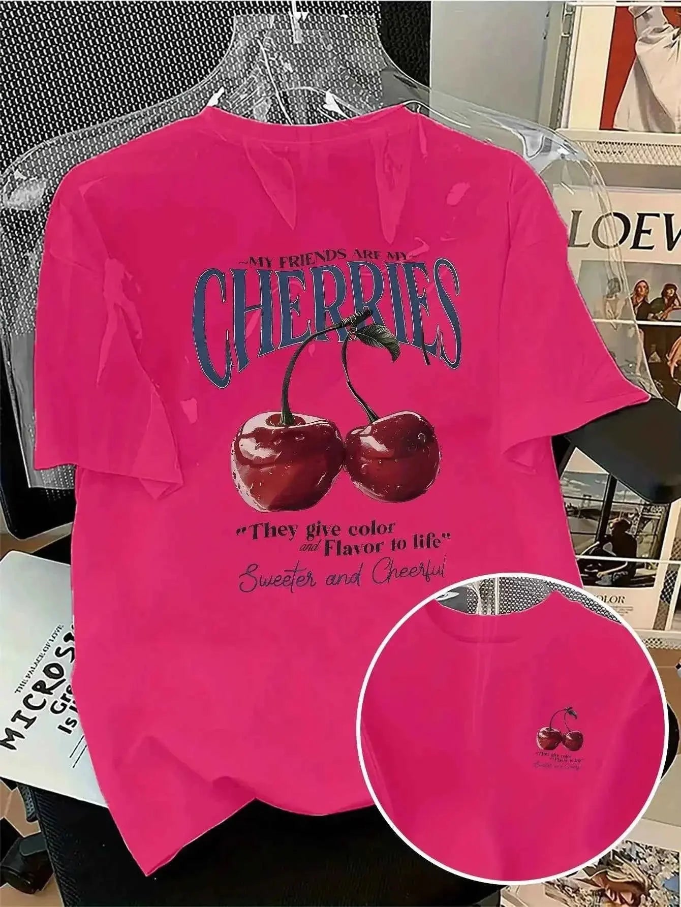 t-shirt oversize femme cherries-T-shirt Femme Imprimé Cherries – Coton 100 %, Col Rond, Manches Courtes
