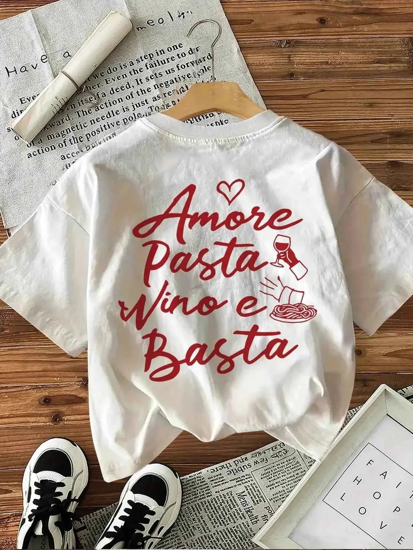 T-Shirt ample décontracté femmes, "Amore Pasta Vino E Basta"