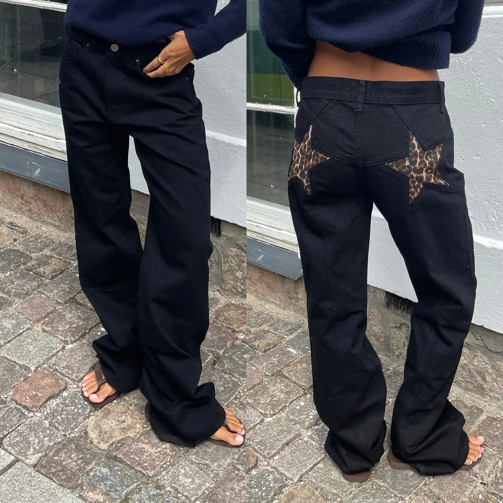 Jean Y2K Femme Motif Étoile Jambe Droite – Taille Basse Streetwear EcomFr