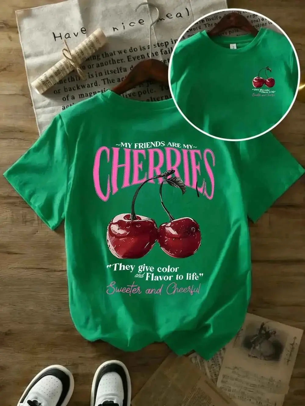 t-shirt oversize femme cherries-T-shirt Femme Imprimé Cherries – Coton 100 %, Col Rond, Manches Courtes