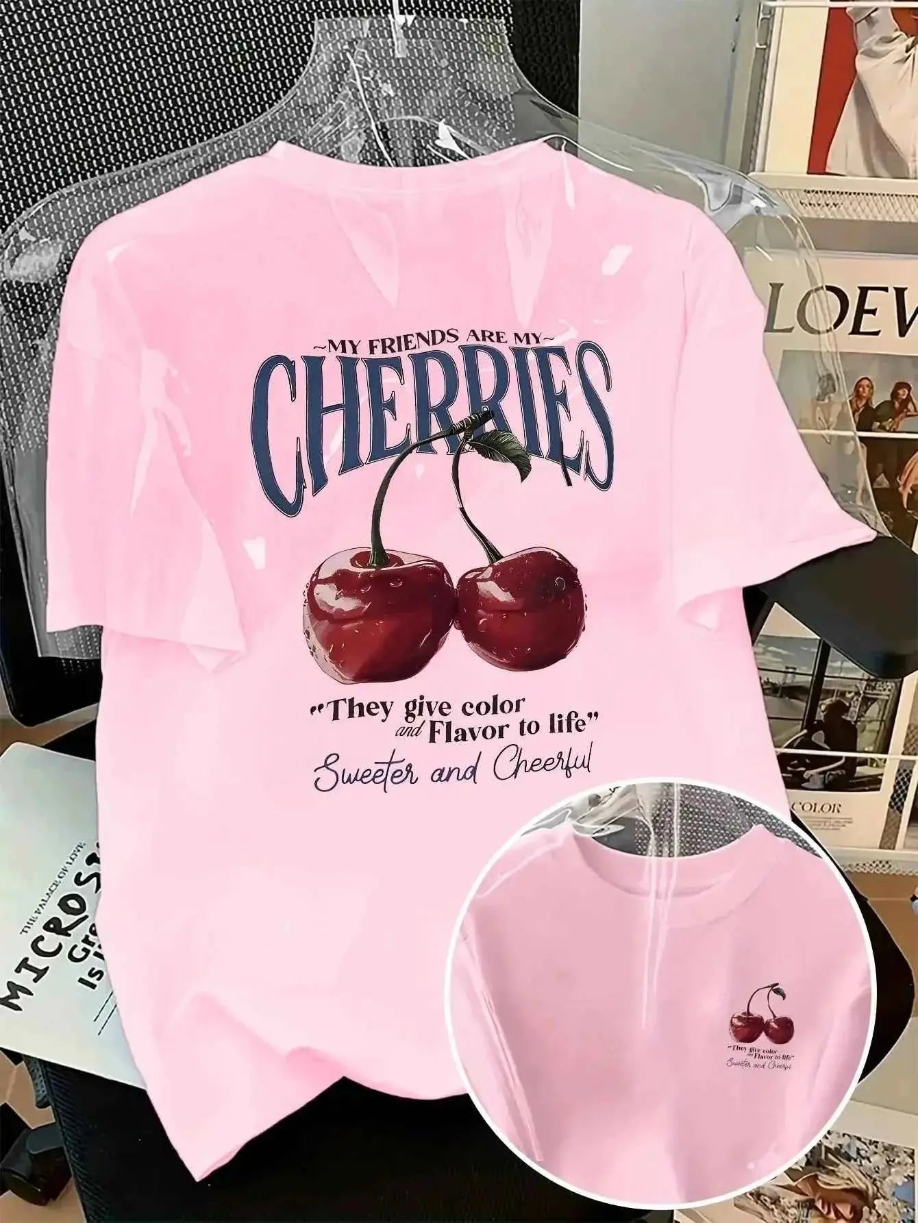 t-shirt oversize femme cherries-T-shirt Femme Imprimé Cherries – Coton 100 %, Col Rond, Manches Courtes