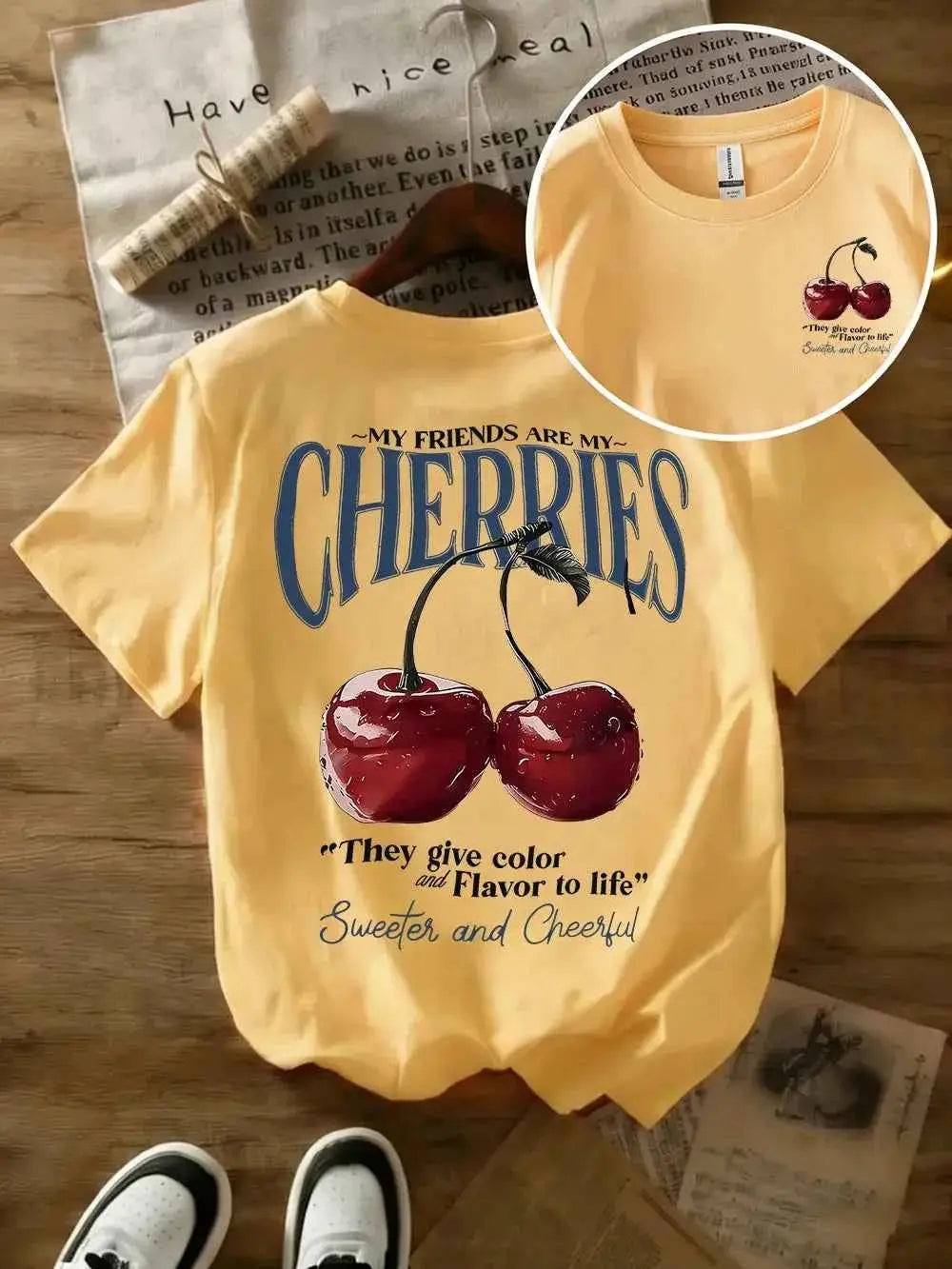 t-shirt oversize femme cherries-T-shirt Femme Imprimé Cherries – Coton 100 %, Col Rond, Manches Courtes