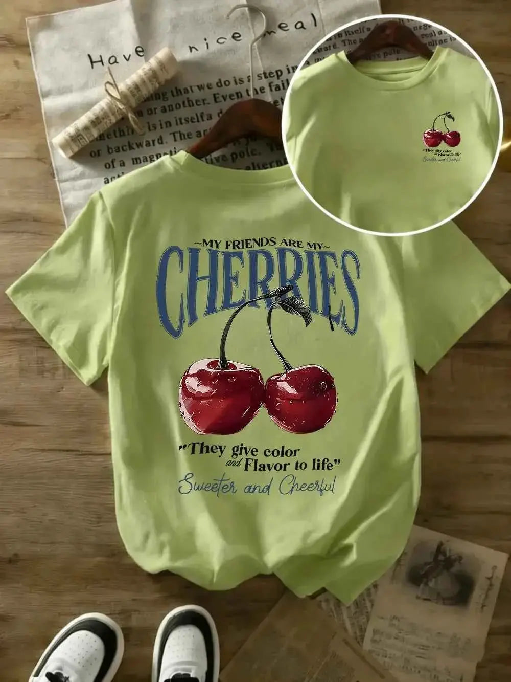 t-shirt oversize femme cherries-T-shirt Femme Imprimé Cherries – Coton 100 %, Col Rond, Manches Courtes