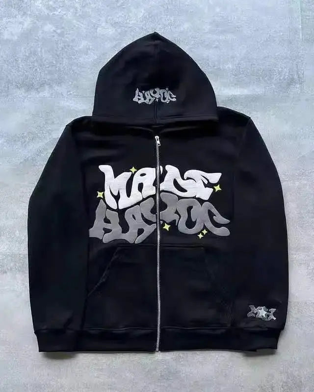 Sweat à Capuche Zippé Y2K Harajuku Imprimé Étoile & Lettre Hip-Hop EcomFr