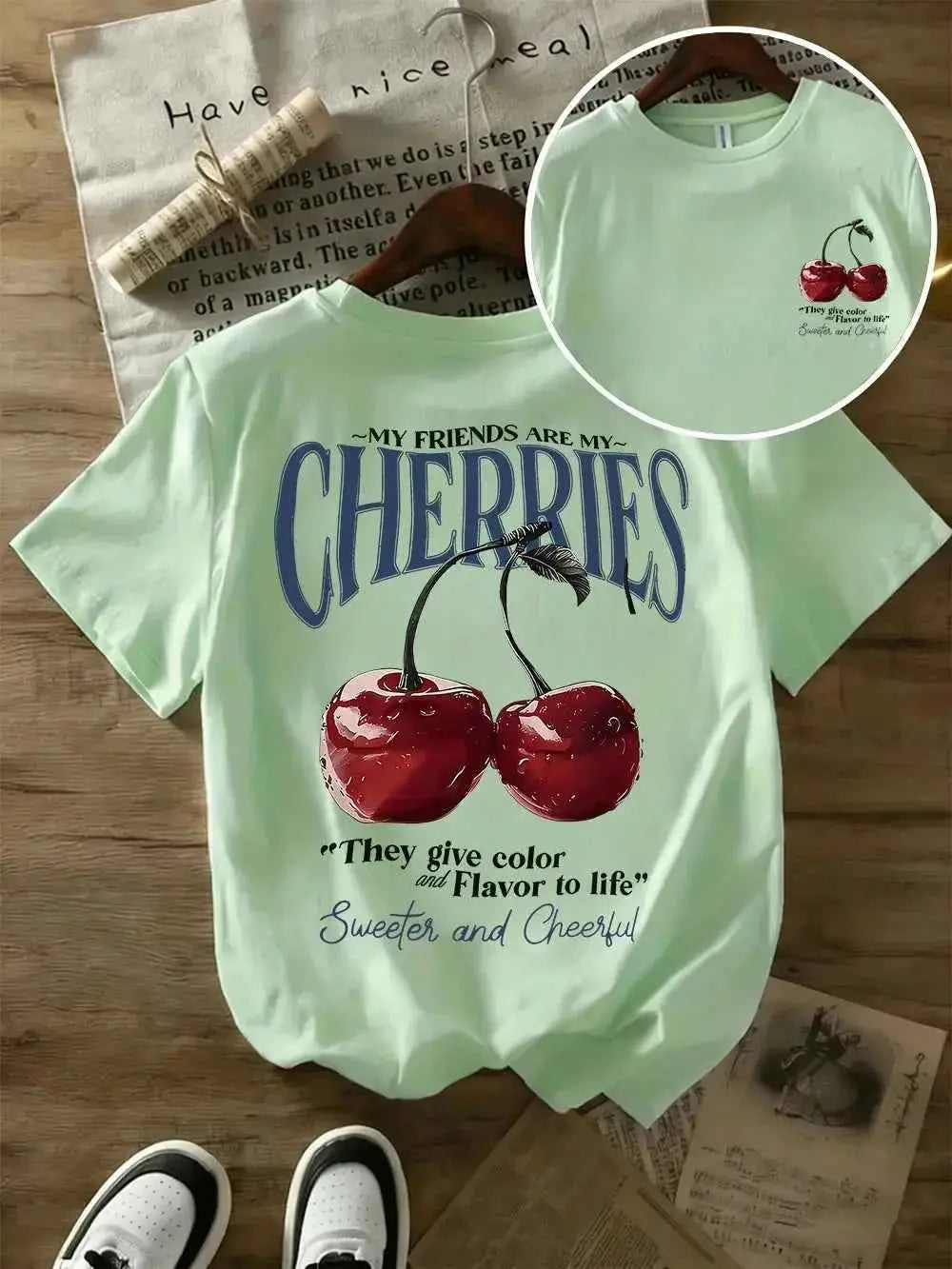 t-shirt oversize femme cherries-T-shirt Femme Imprimé Cherries – Coton 100 %, Col Rond, Manches Courtes