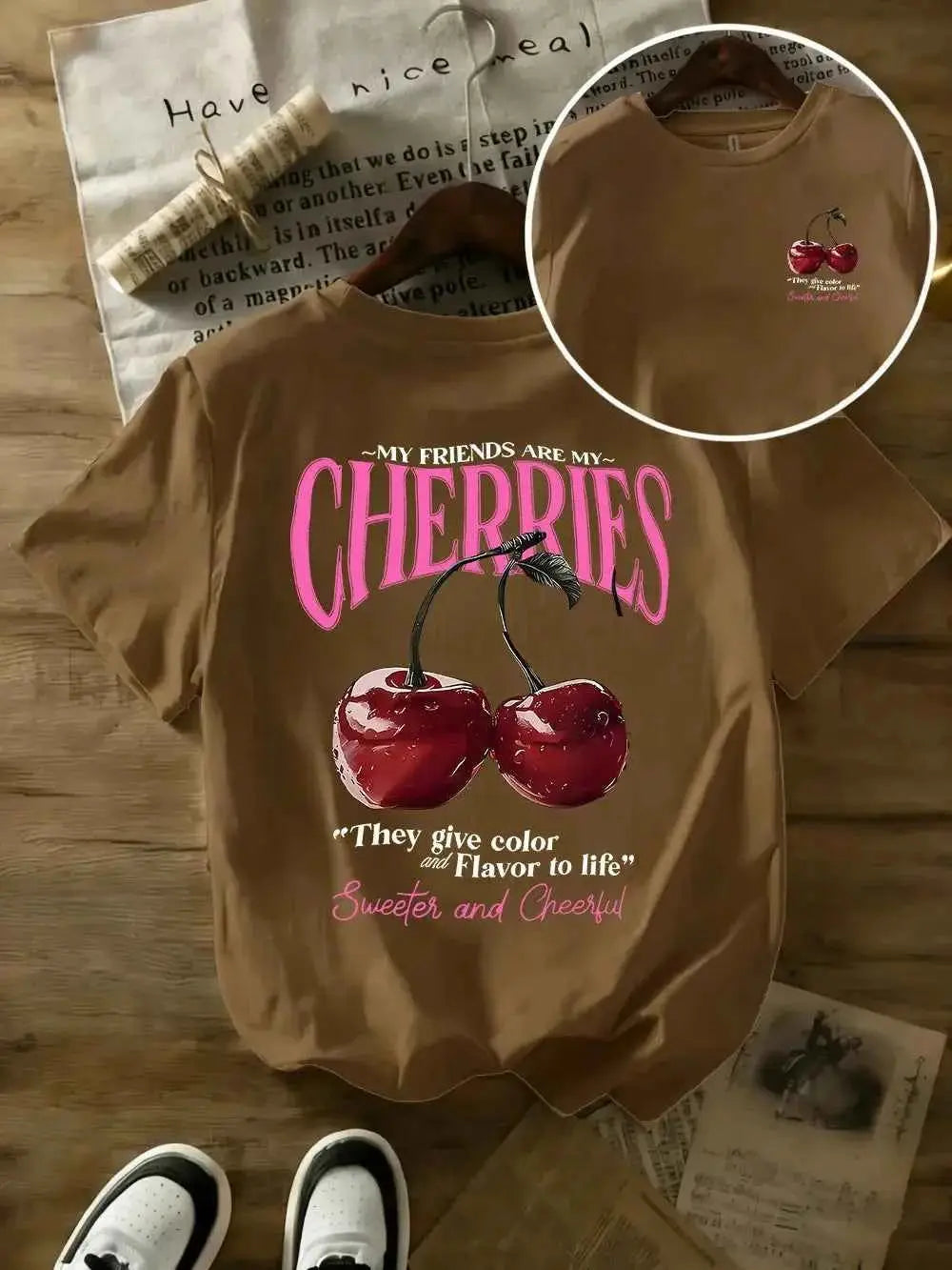 t-shirt oversize femme cherries-T-shirt Femme Imprimé Cherries – Coton 100 %, Col Rond, Manches Courtes
