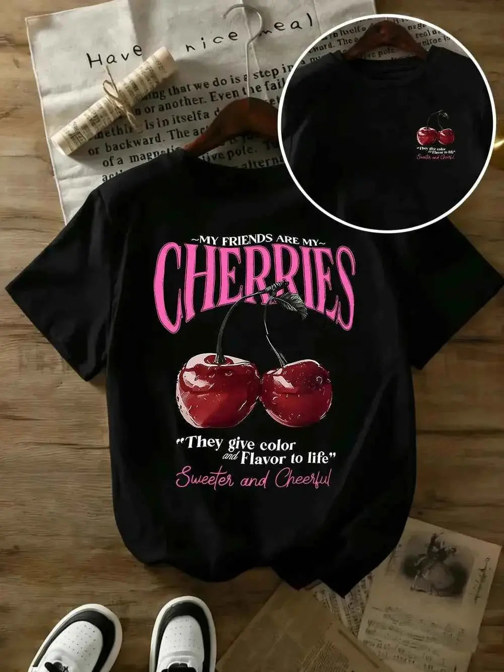 t-shirt oversize femme cherries-T-shirt Femme Imprimé Cherries – Coton 100 %, Col Rond, Manches Courtes