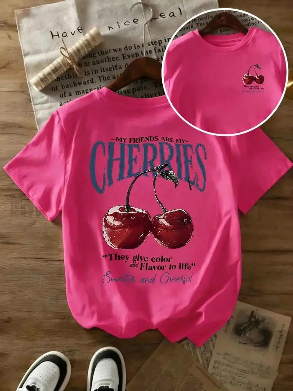 t-shirt oversize femme cherries-T-shirt Femme Imprimé Cherries – Coton 100 %, Col Rond, Manches Courtes