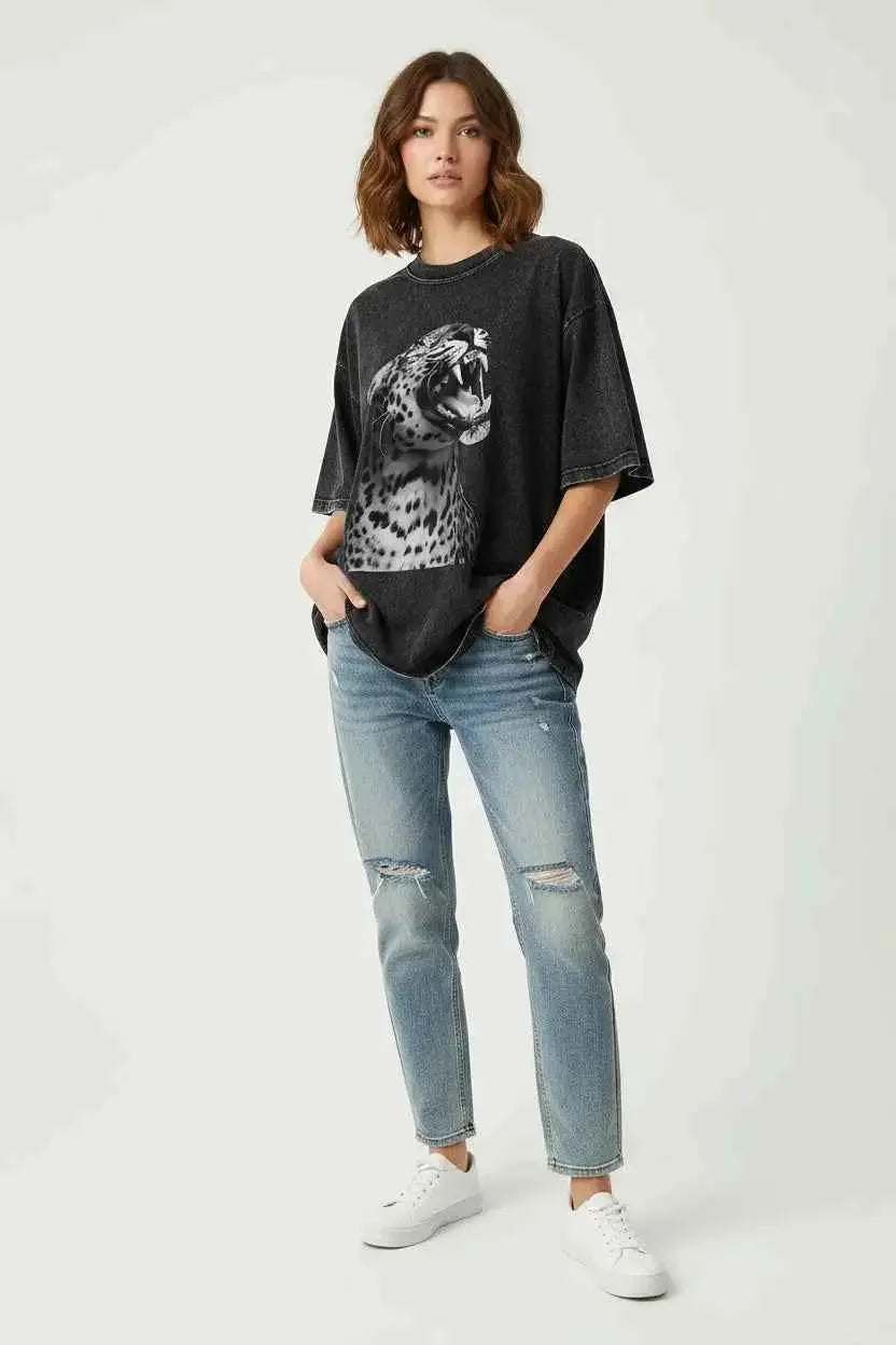 vetements femmes originaux- T-shirt Femme Imprimé Léopard – Col Rond, Manches Courtes