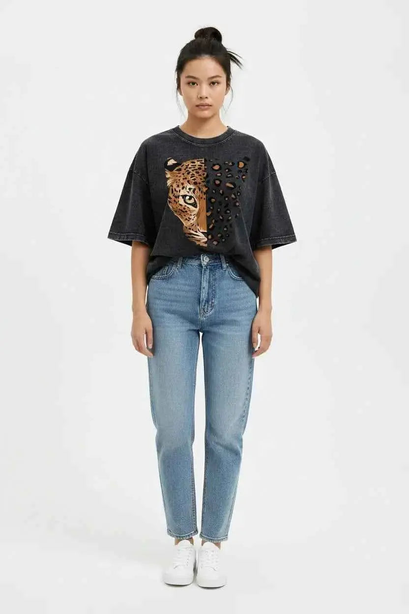 vetements femmes originaux- T-shirt Femme Imprimé Léopard – Col Rond, Manches Courtes