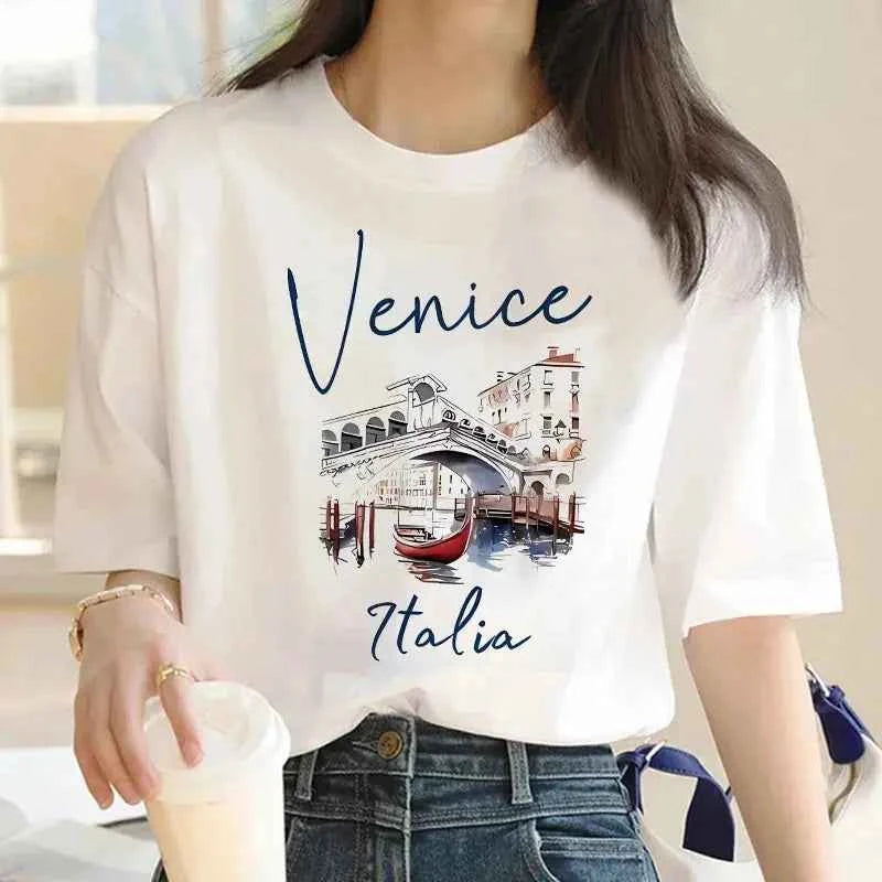 t-shirt casual chic femme été "Venice Italia" – Col Rond, Manches Courtes
