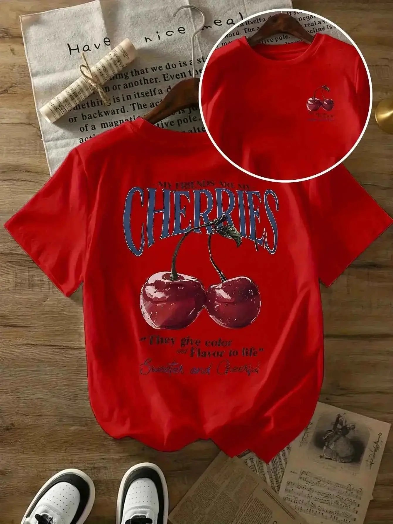 t-shirt oversize femme cherries-T-shirt Femme Imprimé Cherries – Coton 100 %, Col Rond, Manches Courtes