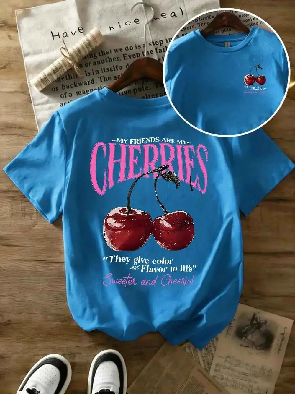 t-shirt oversize femme cherries-T-shirt Femme Imprimé Cherries – Coton 100 %, Col Rond, Manches Courtes