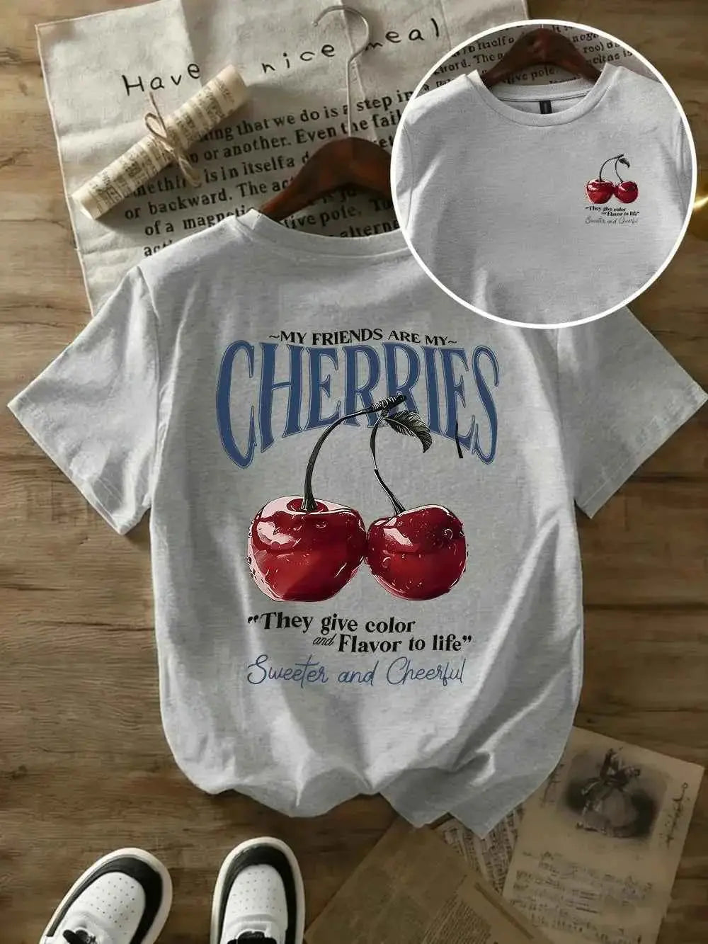 t-shirt oversize femme cherries-T-shirt Femme Imprimé Cherries – Coton 100 %, Col Rond, Manches Courtes