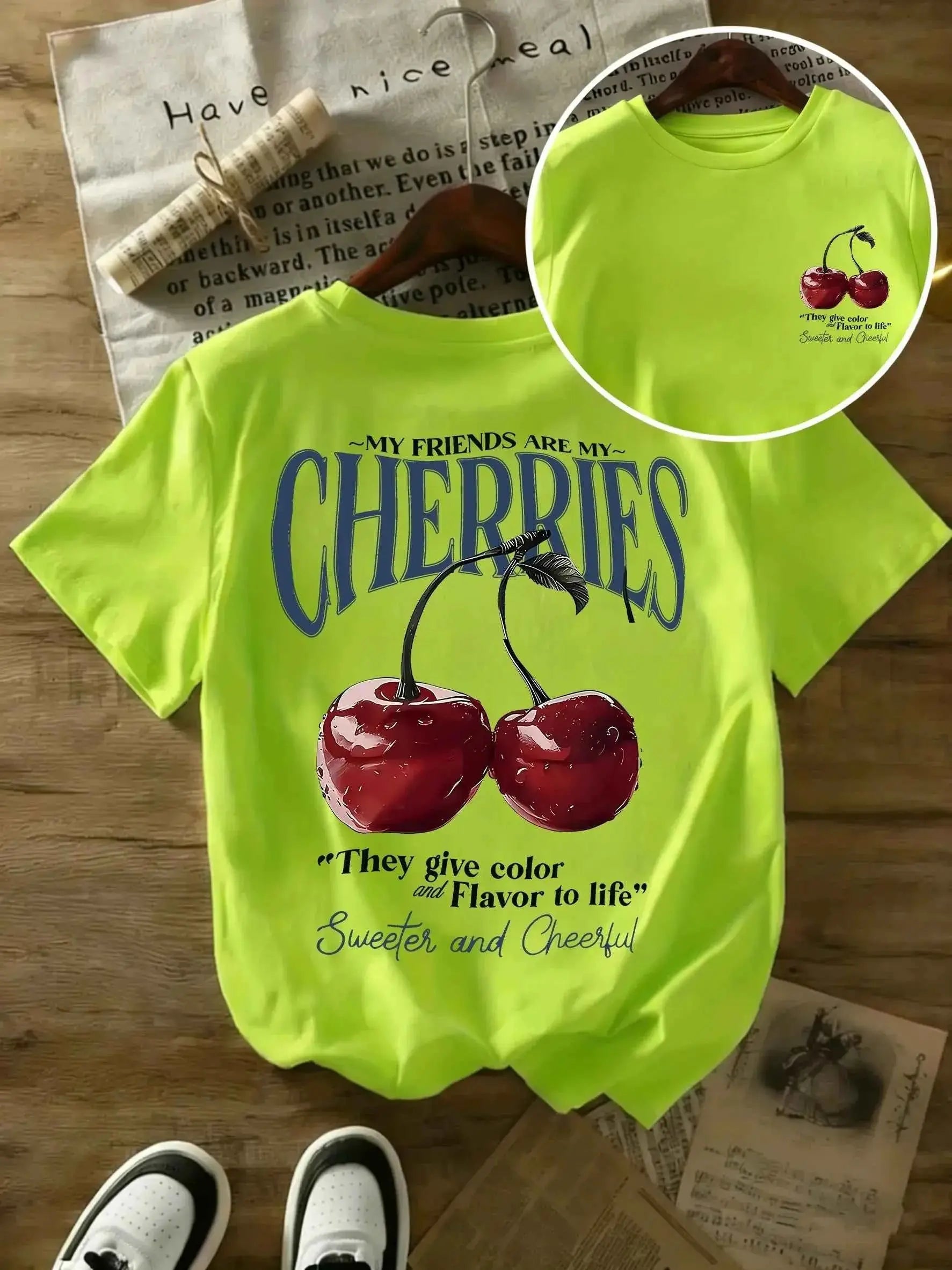 t-shirt oversize femme cherries-T-shirt Femme Imprimé Cherries – Coton 100 %, Col Rond, Manches Courtes