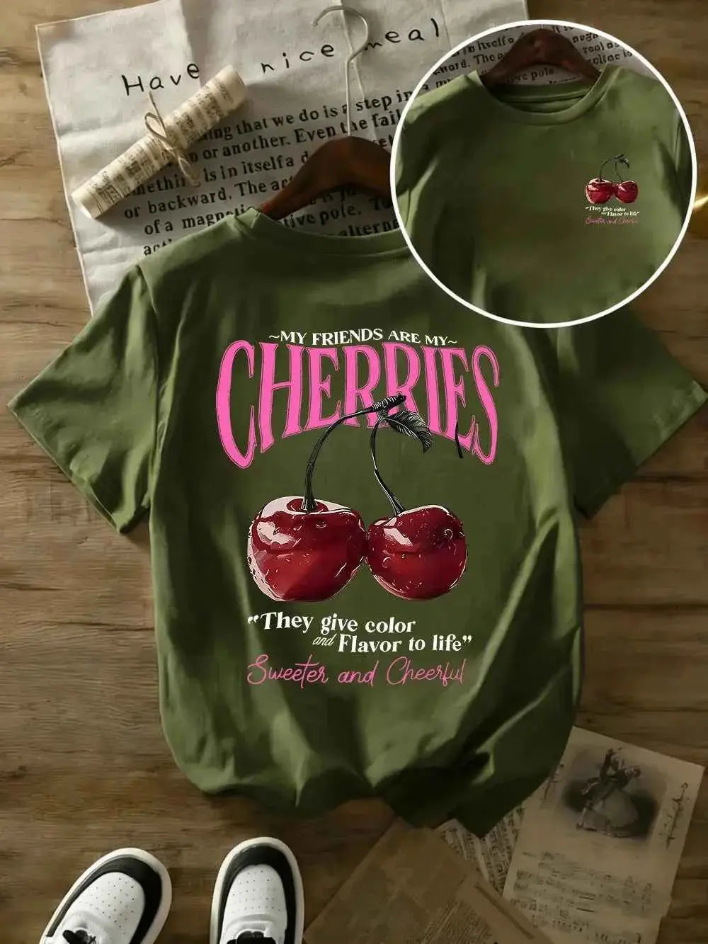 t-shirt oversize femme cherries-T-shirt Femme Imprimé Cherries – Coton 100 %, Col Rond, Manches Courtes