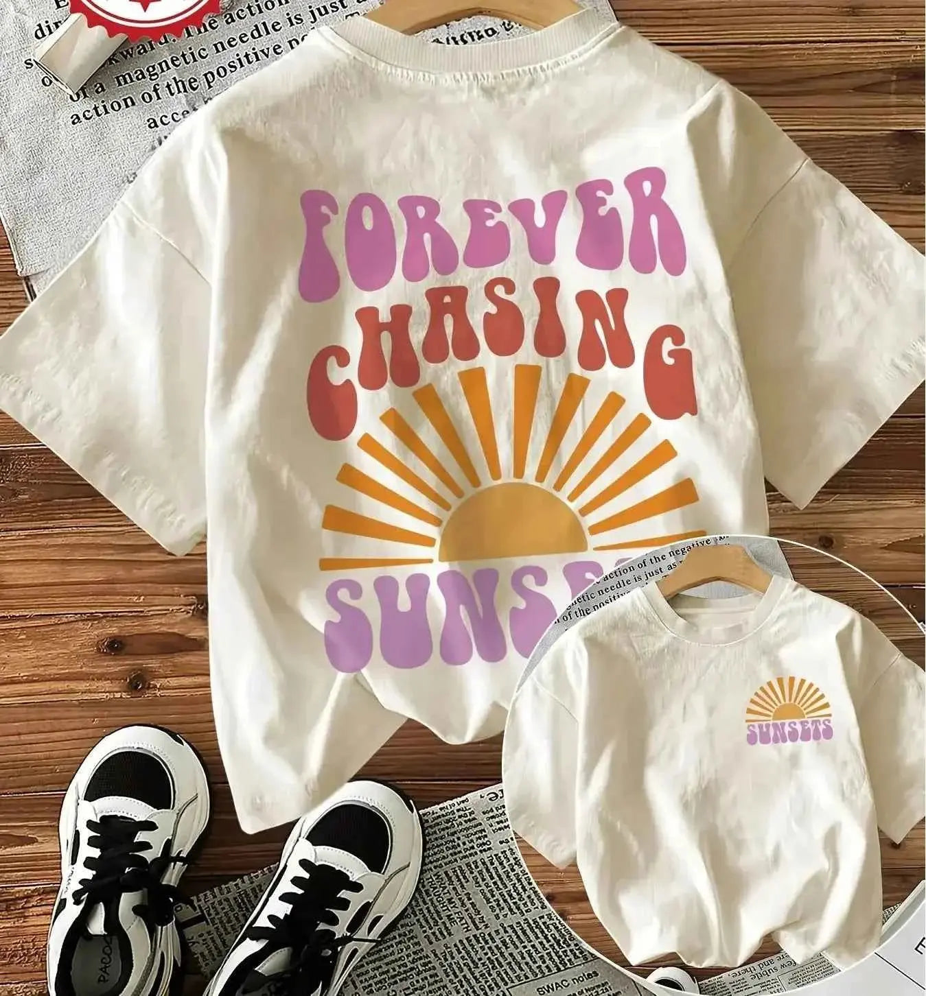 t-shirt Y2K femme original "Forever Chasing Sunsets" – Manches Courtes, Col Rond
