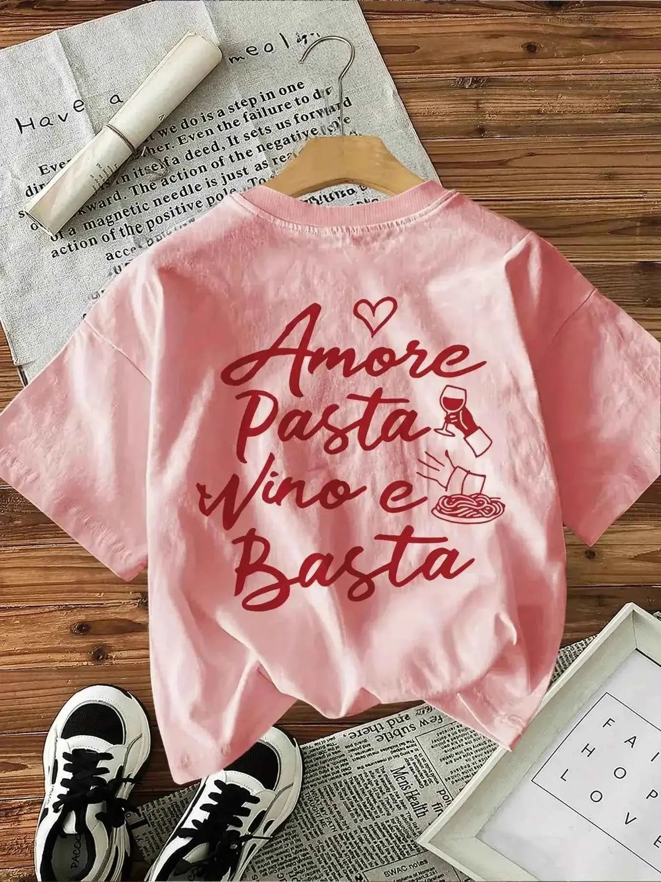 T-Shirt ample décontracté femmes, "Amore Pasta Vino E Basta"