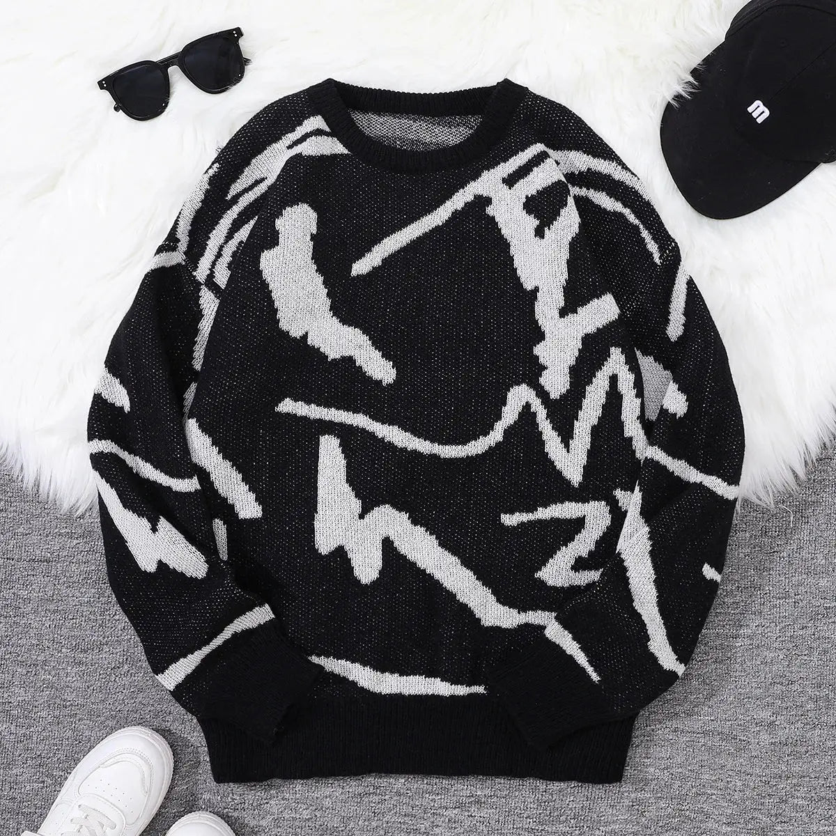 Pull Jacquard Graffiti Streetwear Homme – Tricot Col Rond Motif Géométrique EcomFr